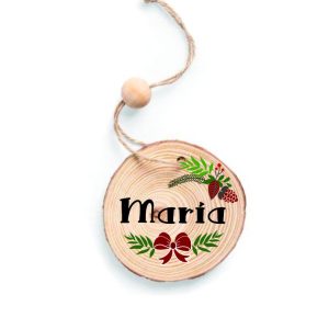 Rodaja Adorno de madera para Navidad personalizado con nombre lazo rojo