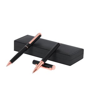 Set bolígrafo y roller aluminio negro mate y detalles en oro rosado con estuche Ref: 21374