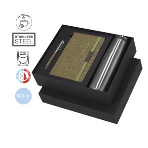 Set de Bidón térmico acero inoxidable 500 ml, bloc de notas y bolígrafo con Fibra de Té Ref: 21927