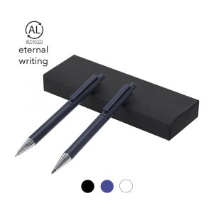 Set personalizado de bolígrafo de tinta azul y un portaminas  Aluminio Reciclado en estuche de cartón reciclado Ref: 22065