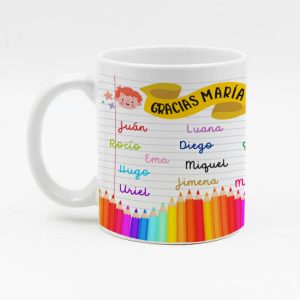 Taza de cerámica regalo para profe, regalo fin de curso, personalizada con nombres de los alumnos