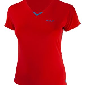 Camiseta mujer con cuello de pico para trail running de manga corta, Uglow Race Rojo / Azul VN4