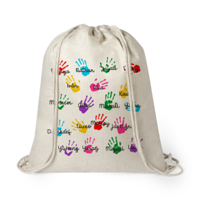 Mochila estilo nature de cuerda, para profe, Huellas con nombres, personalizado