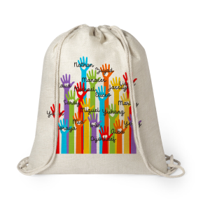 Mochila estilo nature de cuerda, para profe, Manos con nombres, personalizado