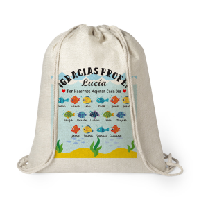 Mochila estilo nature de cuerda, para profe, Peces con nombres, personalizado