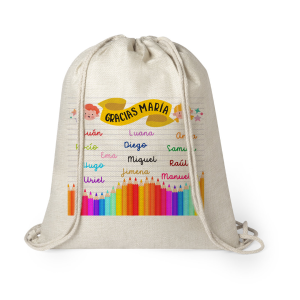 Mochila estilo nature de cuerda, para profe, Lápices de colores con nombres, personalizado