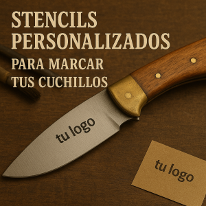 Lote de 100 pegatinas stencil para grabar tu logo o texto en hoja metalica de cuchillo o navaja