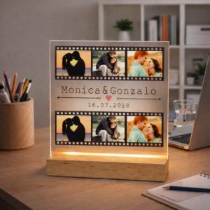 Lámpara LED de Metacrilato, para enamorados diseño cine personaliza con foto